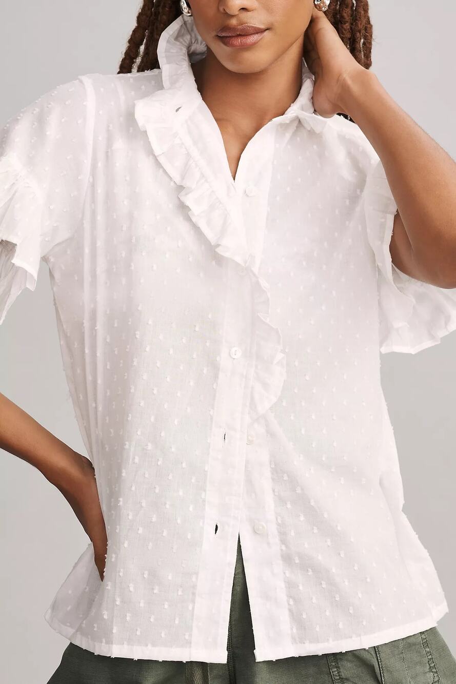 Mille White Cotton Vanessa Short Sleeve Ruffle Blouse (L)